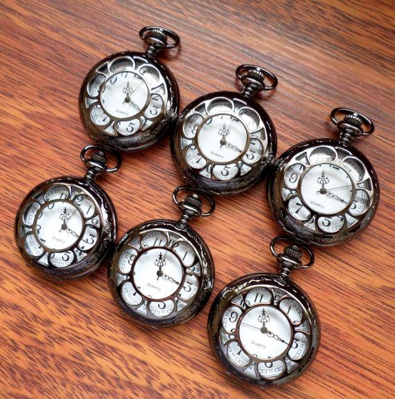 Wedding - Set of 6 Black Quartz Pocket Watches with Vest Chains Groomsmen Gift Groom's Corner Wedding Party Ships from Canada