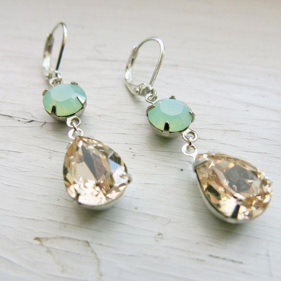 Wedding - Mint Champagne Earrings Bridesmaids Earrings Bridal Wedding Jewelry Mint Earrings Bridesmaids Gift