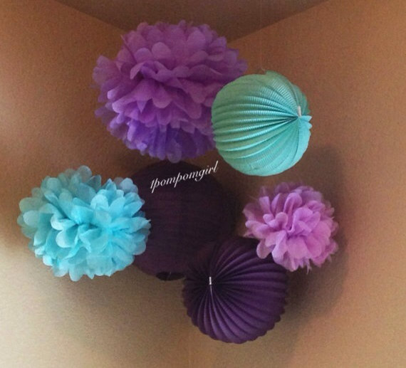 Mariage - Purple Crush - 3 Tissue Paper Poms & 3 Decorated Paper Lanterns// Baby Shower, Nursery Decor, Birthday, Wedding, Bridal Shower, Ceremony