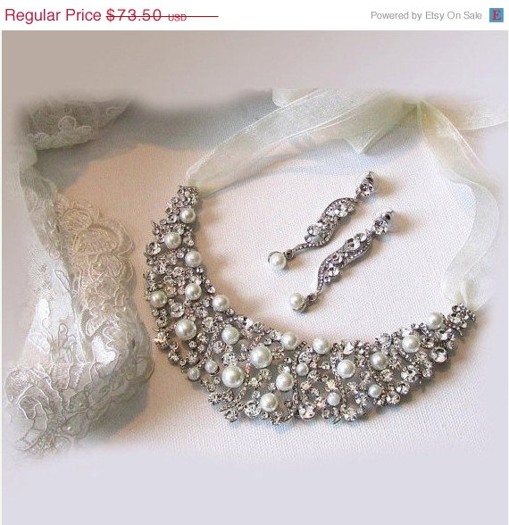 Wedding - Bridal jewelry set , Bridal bib necklace earrings, vintage inspired pearl necklace, rhinestone bridal statement necklace