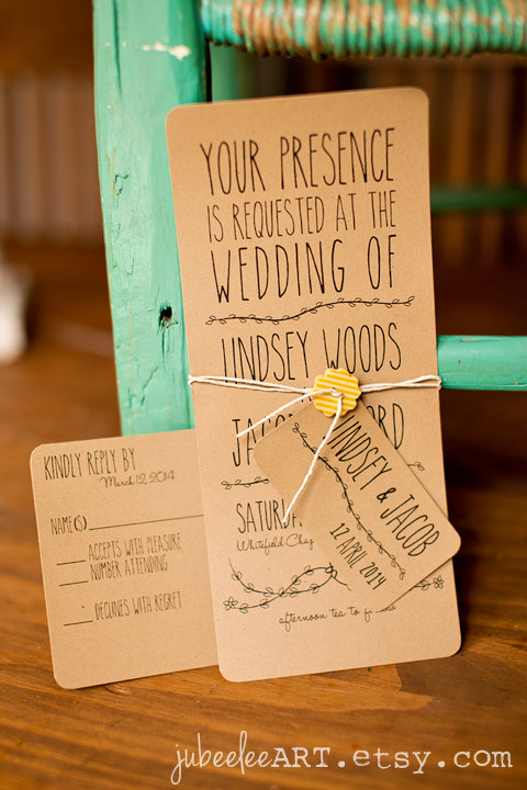 زفاف - Whimsical rustic printable wedding invitation with leaf vine detail