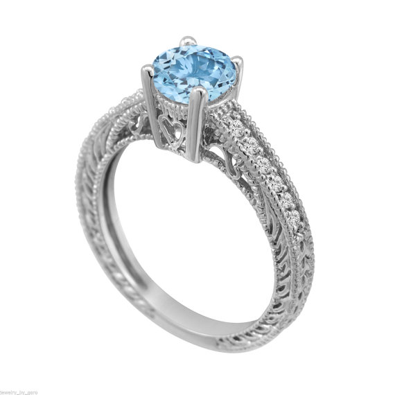 زفاف - Aquamarine Engagement Ring Aquamarine & Diamond Engagement Ring 14K White Gold 0.64 Carat Vintage Style HandMade