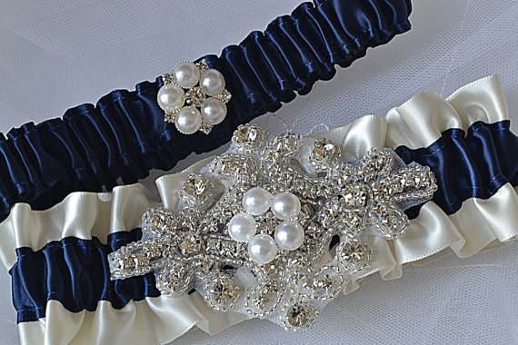 Hochzeit - Wedding Garter Set - Navy Blue Garters And Ivory Satin With Rhinestone Embellishments, Garter Belts, Bridal Garter Set