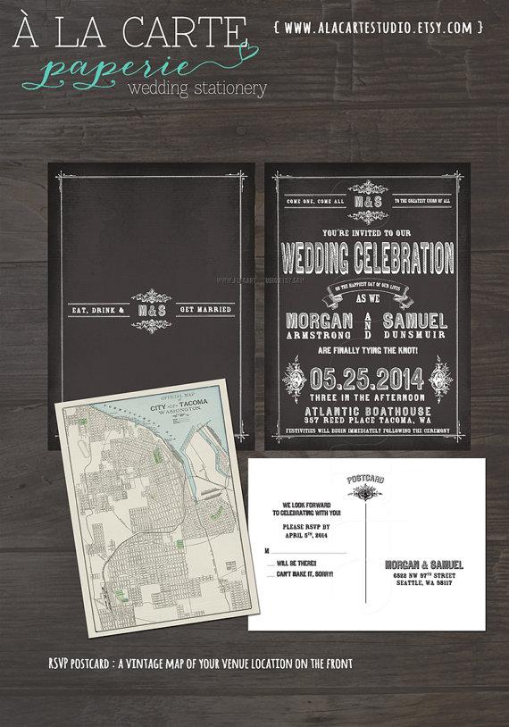 Hochzeit - Chalkboard  Wedding Invitation Card and RSVP postcards - The Morgan