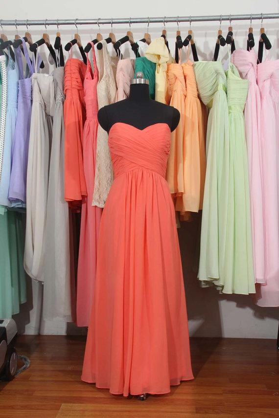 Mariage - Chiffon Bridesmaid Dress, Long Coral Bridesmaid Dress, Cheap Prom Dress