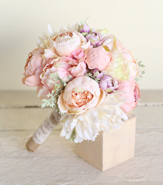 زفاف - Silk Bridal Bouquet Pink Peonies Dusty Miller Garden Rustic Chic Wedding NEW 2014 Design by Morgann Hill Designs