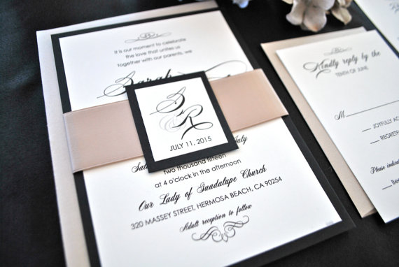 زفاف - Elegant Champagne and black Script Wedding Invitation