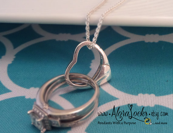 Wedding - ON SALE The ORIGINAL Floating Heart Small Wedding Ring & Charm Holder / Holding Pendant-Sterling Silver