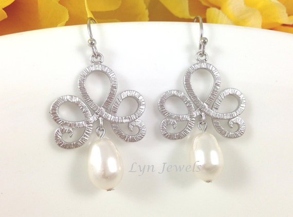 Hochzeit - Silver Lotus Earrings - White Swarovski Pearl Teardrop Dainty Bridesmaids Earrings - Wedding Bridal Graduation Prom Jewelry
