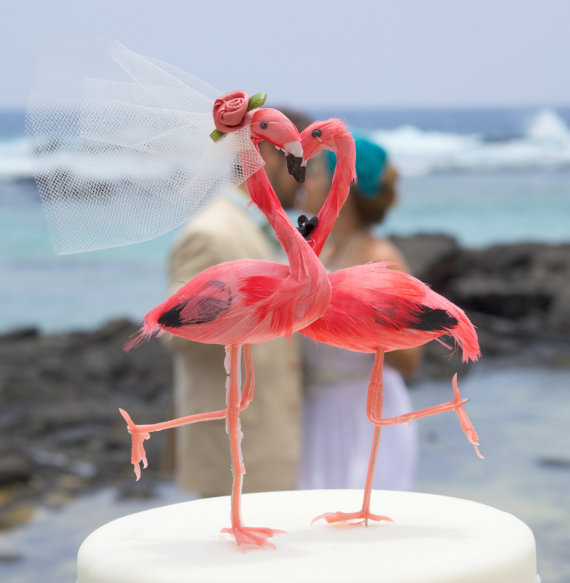 Hochzeit - SALE! Pink Flamingo Cake Topper: Tropical Bride and Groom Love Bird Wedding Cake Topper