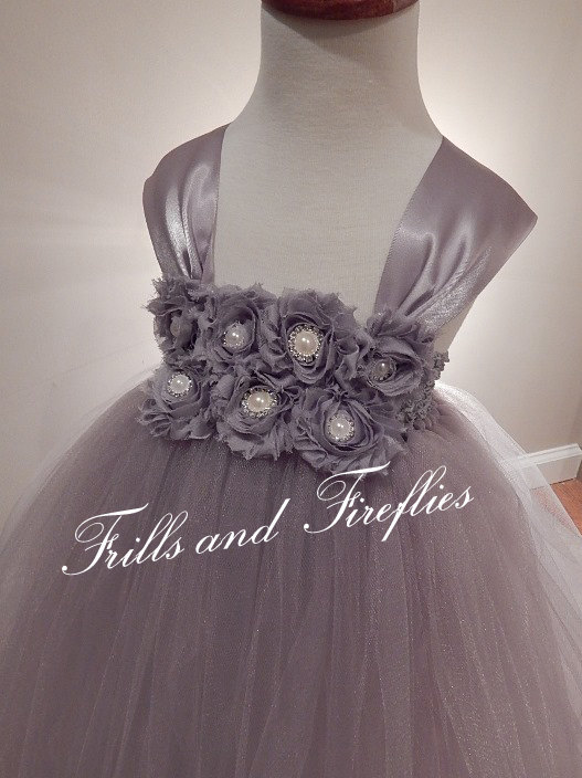 Hochzeit - Grey or Ivory Flower girl dress, Grey Shabby Chic Tutu Dress, Shabby Chic Flowers - Available in Grey or Ivory in Sizes 2t, 3t, 4t, 5t, 6
