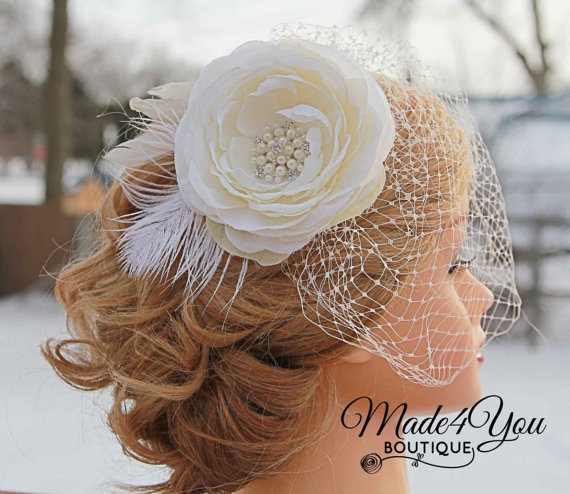 زفاف - Ivory Flower Feather Birdcage Veil - Bridal Birdcage Veil - Wedding Headpiece
