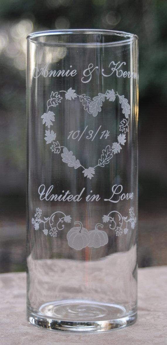 Hochzeit - Wedding Decor Unity Candle Vase - Fall Wedding Pumpkins and Leaves - Personalized