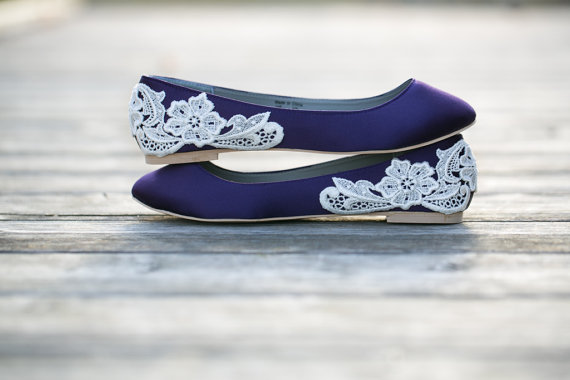 Hochzeit - Wedding Shoes - Purple Wedding Shoes/Purple Wedding Flats, Purple Flats, Purple Satin Flats with Ivory Lace. US Size 11