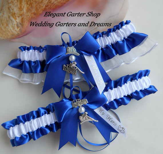 Свадьба - Firefighter Wedding Garters I Love My Fireman Charm Handmade Royal Blue Garters