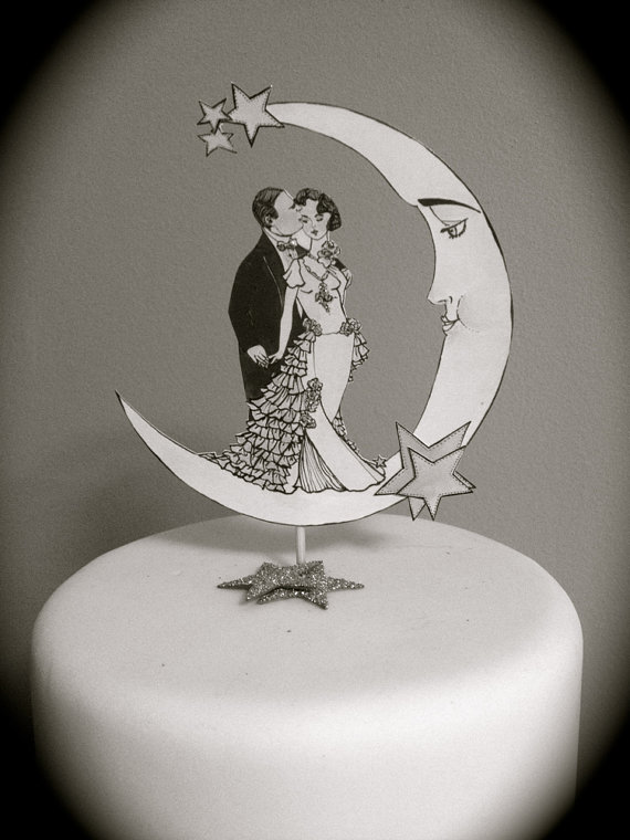 زفاف - Black and White Wedding Cake Topper - Crescent Moon and Stars - Silver Screen- Bride And Groom - Silver Glitter Detail