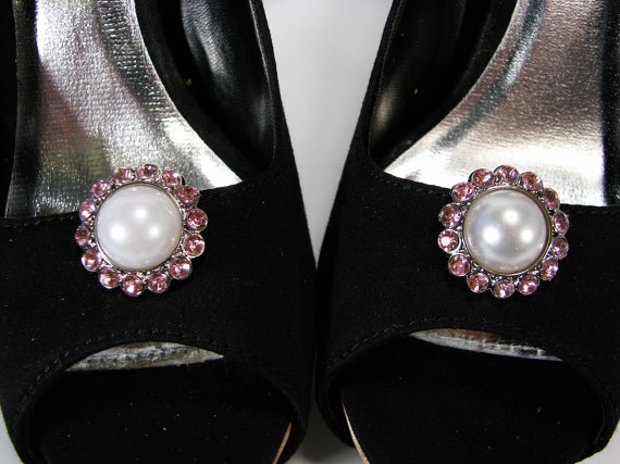 Hochzeit - Shoe Clips Pearl and Pink Rhinestones Round Jewelry for your Shoes