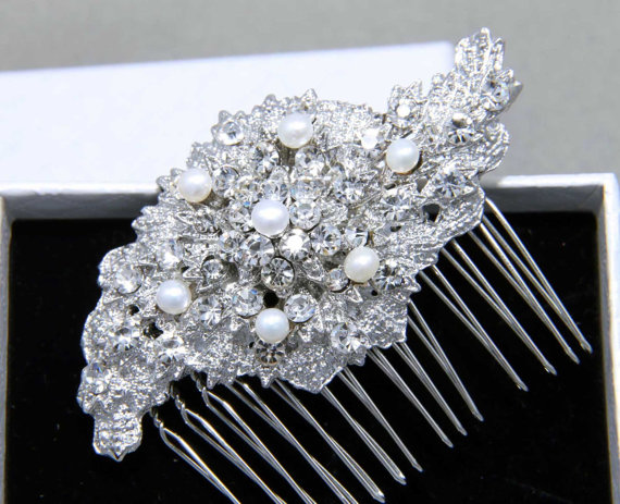 Hochzeit - Vintage Style Spiral Shape Freshwater Pearl Rhinestone Crystals Wedding Hair Comb, Bridal Hair Comb, Bridesmaid Hair Accessory, Brooch