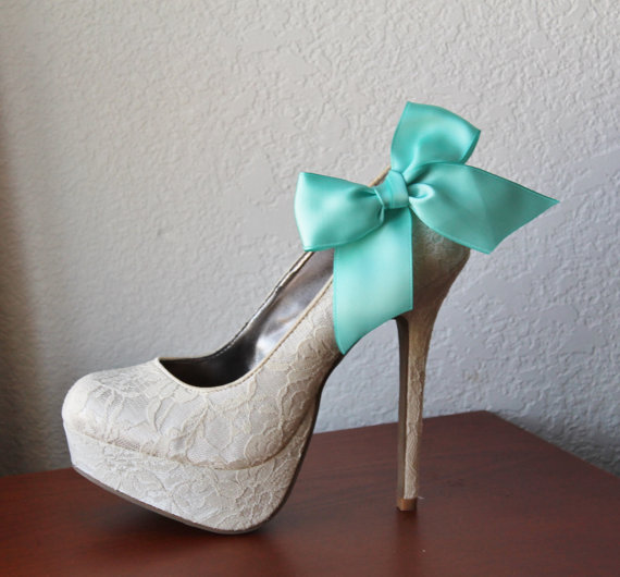 Свадьба - Tiffany Blue Ribbon Bow Shoe Clips - 1 Pair