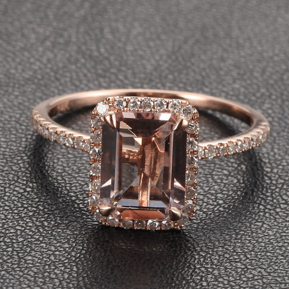 Mariage - 6x8mm Emerald Cut Morganite Ring in 14k Rose Gold -   Morganite & Diamond Engagement Ring