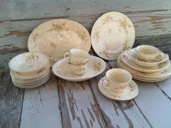 Wedding - Vintage Shabby Chic Dinnerware / Plate + Dish Set by Crocksville China Co. in Ohio - Antique 'Spring Blossom' Plates