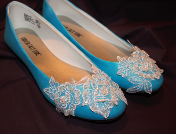 Hochzeit - Custom Color Painted Bridal Shoes with Lace Detail - Wedding Flats