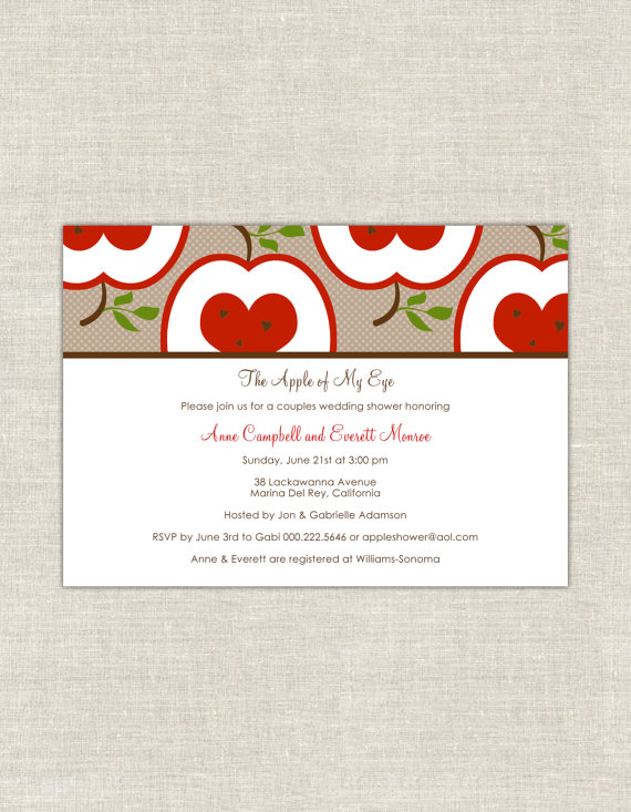 Hochzeit - The Apple of My Eye Bridal or Wedding Couples Shower Invitation in Red & Chocolate Apples
