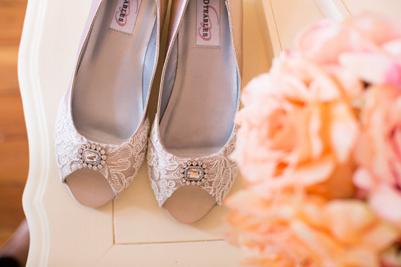 Hochzeit - Wedding shoes wedge heel low heel bridal shoes embellished with floral ivory French lace and a crystal brooch