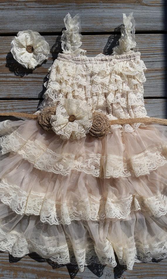 Wedding - Lace Flower Girl Dress - Rustic Flower Girl Dress - Burlap Flower Girl Dress - Burlap - Flower Girl Dress - County Flower Girl - Burlap