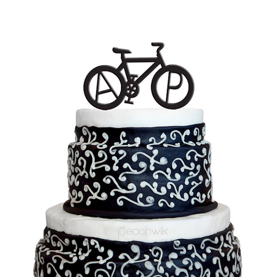 Wedding - Personalized Wedding Cake Topper - Bicycle Monogram Initials Cake Topper - Unique Custom Bike Wedding Cake Topper - Peachwik - PT4