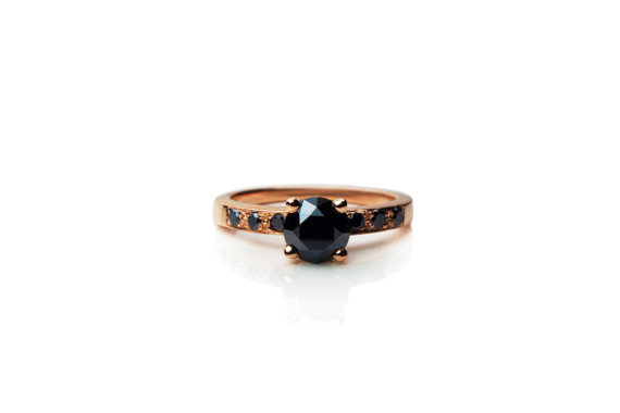 Wedding - 14k or 18k rose gold black diamond engagement ring, vintage inspired design, 1 carat black diamond eternity ring, alternative diamond ring