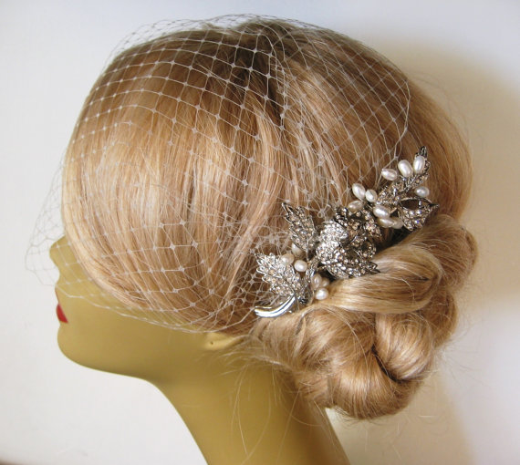 زفاف - Birdcage Veil and a Bridal Hair Comb 2 Items bridal veil Natural Freshwater Pearl Headpieces Blusher Birdcage Veil Wedding comb bridal