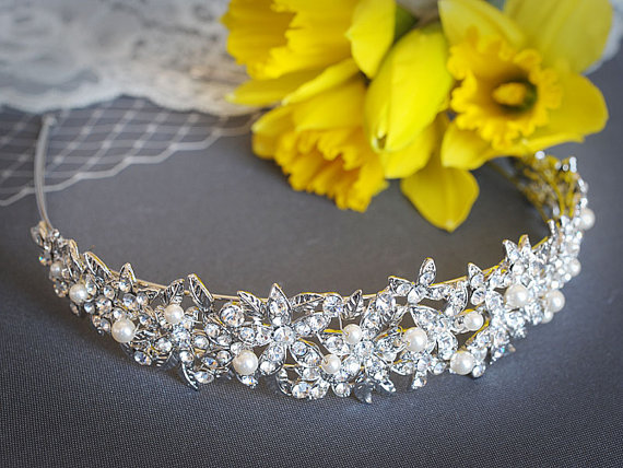 Hochzeit - ELAINE, Crystal Bridal Headband, Swarovski Pearl & Rhinestone Wedding Hairband, Art Deco Wedding Hair Accessories, Flower and Leaf Headband
