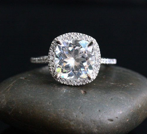 زفاف - Single Halo 14k White Gold 9mm White Topaz Cushion and Diamonds Wedding or Engagement Ring (Choose color and size options at checkout)