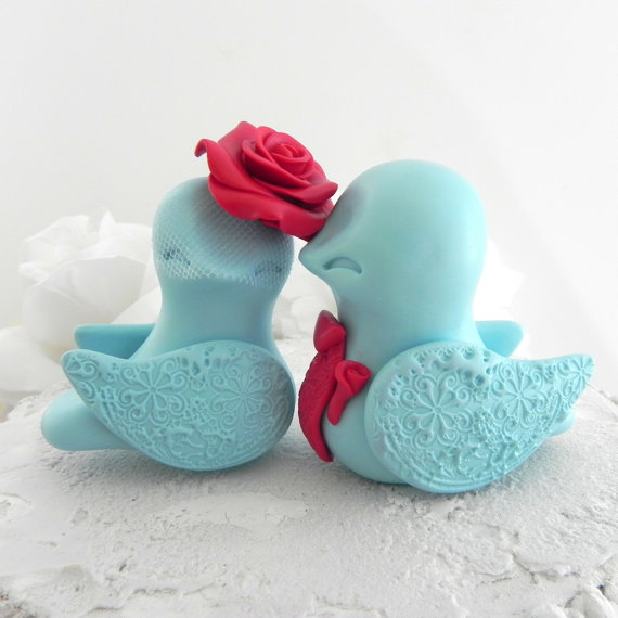 Wedding - Wedding Cake Topper - Love Birds - Poppy Red and Aqua - Bride and Groom Keepsake - Fully Customizable