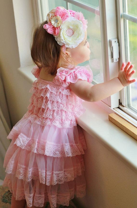 Свадьба - Valentines pink lace dress headband SET - Toddler Dress