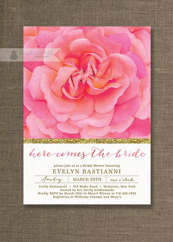 Hochzeit - Rose & Gold Bridal Shower Invitation Lace Pink Glitter Shabby Chic Wedding Invite Bloom FREE PRIORITY SHIPPING or DiY Printable - Evelyn