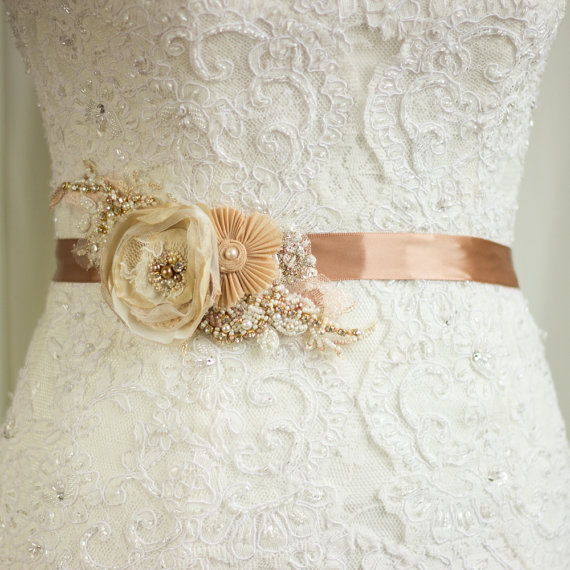 Свадьба - Wedding dress belt, Bridal sash, Wedding belt, Rustic Gold Pecan Terracotta Champagne Vintage weddings, bridal sash, floral belt sash