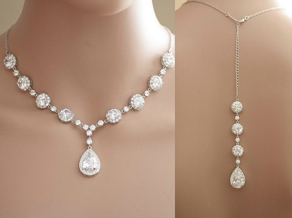 زفاف - Wedding Crystal Backdrop Necklace Clear Cubic Zirconia Necklace Teardrop Pendant Wedding Jewelry Bridal Necklace