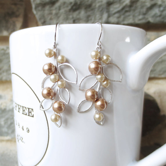 Hochzeit - Pearl Leaf Dangle Earrings, Drop Earrings, Wedding Jewelry, Bridesmaid Jewelry, Bride, Bronze Champagne Pearl, Graduation Gift, Personalized