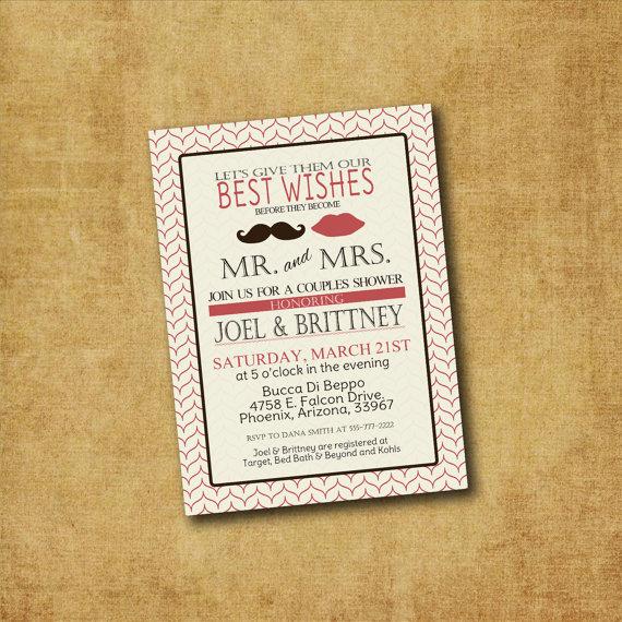 Hochzeit - Printable Couples Shower Lips & Stache Invitation - Mustache and Lips Couples Shower, Engagement Party, Wedding Shower, Wedding Invitation