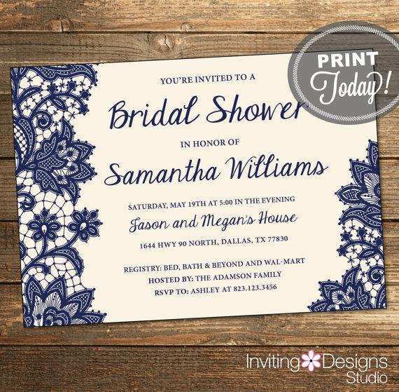 Wedding - Wedding Shower Invitation, Bridal Shower Invitation, Lace, Navy, Blue, Cream Background, Printable File (Custom Order, INSTANT DOWNLOAD)