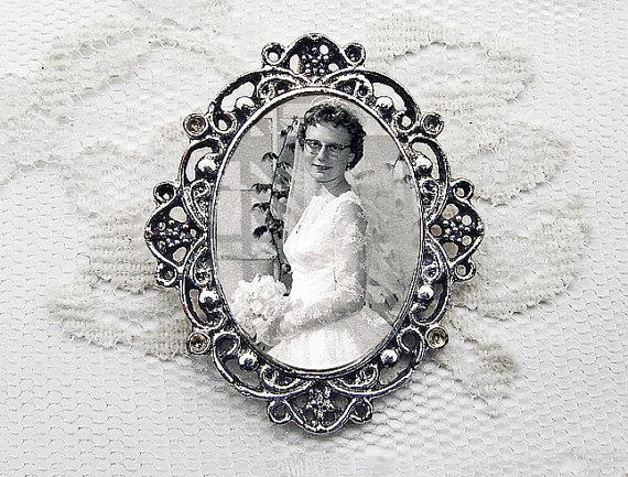 زفاف - Beautiful Memorial Bouquet Photo Charm #6 - CUSTOM Oval Antique Silver Memory Pendant or Brooch - Wedding Keepsake