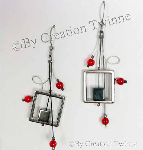 زفاف - red black earrings, modern earrings, square earrings, swirls earrings,bridesmaids earrings, wedding jewelry, funky handmade earrings