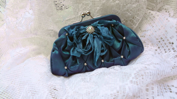 زفاف - Bride's Clutch, Wedding Purse, Evening Bag, Rhinestone Clutch, Peacock Teal Pocket Book, Victorian Style Hand Bag, Bertha Louise Designs
