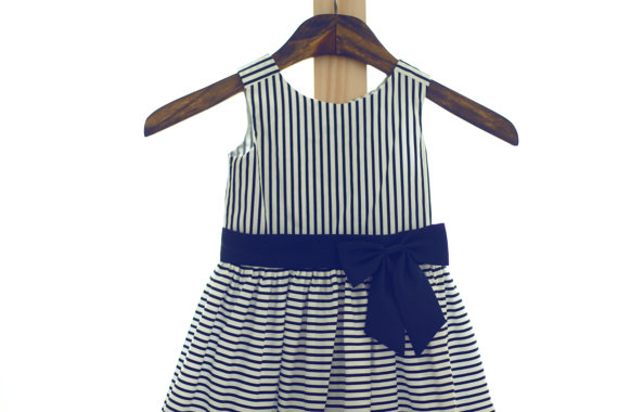 Свадьба - Cotton White Blue Stripes/Navy Bow Flower Girl Dress Wedding Easter Junior Bridesmaid Baptism Baby Infant Children Toddler Kids Dress