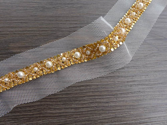 Hochzeit - Vintage Beaded Trim in Gold for Bridal, Wedding Belt, Headbands, Jewelry or Costume Design