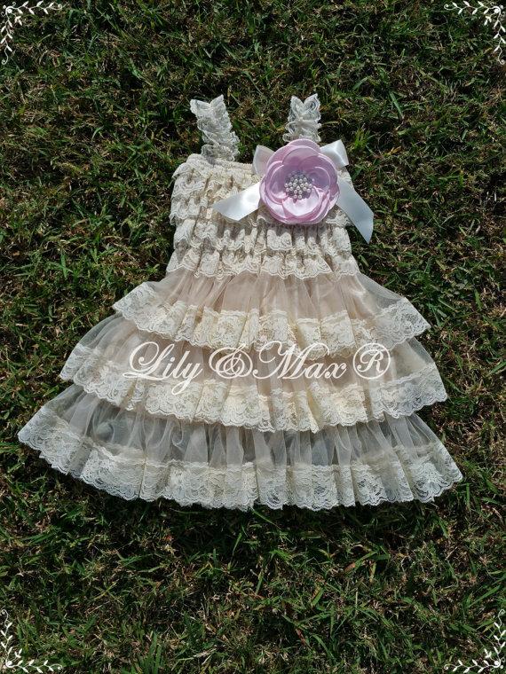 Mariage - Ivory Lace Rustic Dress with jeweled flower, Lace Ivory girl posh dress,Flower Girl Dress,Country Flower Girl dress, Lace Rustic dress