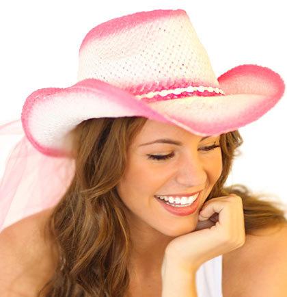 زفاف - Country Western Rockstar Bride - Western Pink & White Straw Hat with Veil - Bachelorette Party, Bridal Shower, Beach Wedding