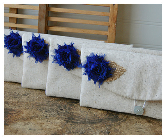 Hochzeit - Burlap Bridesmaid Clutch Royal Blue Purse, Raw cotton Linen, Gift, flower choice, Wedding bridal clutch - Set of 4 Makeup bag travel